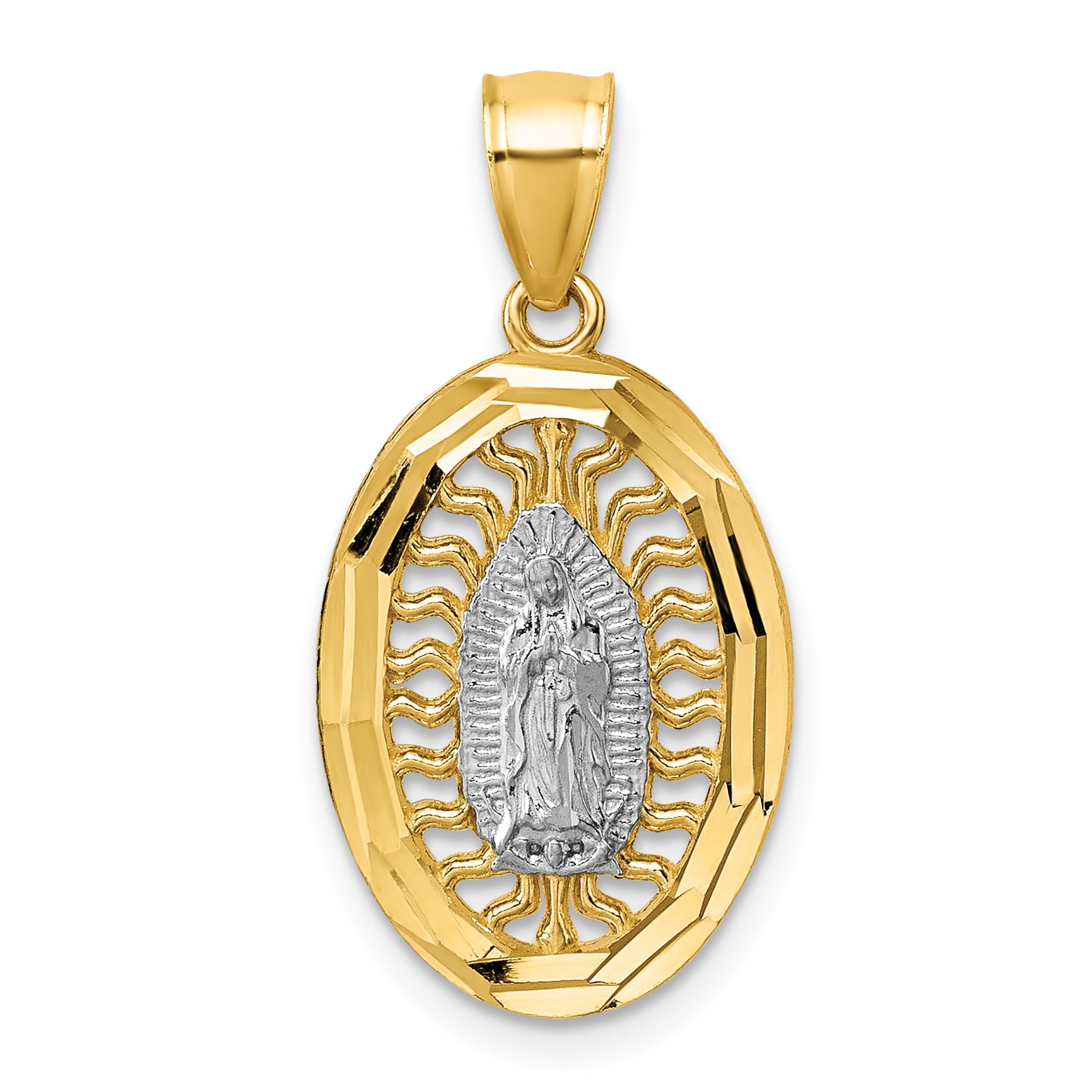 14k Polished with Rhodium Diamond-cut Pierced Design Our Lady of Guadalupe Pendant Main image