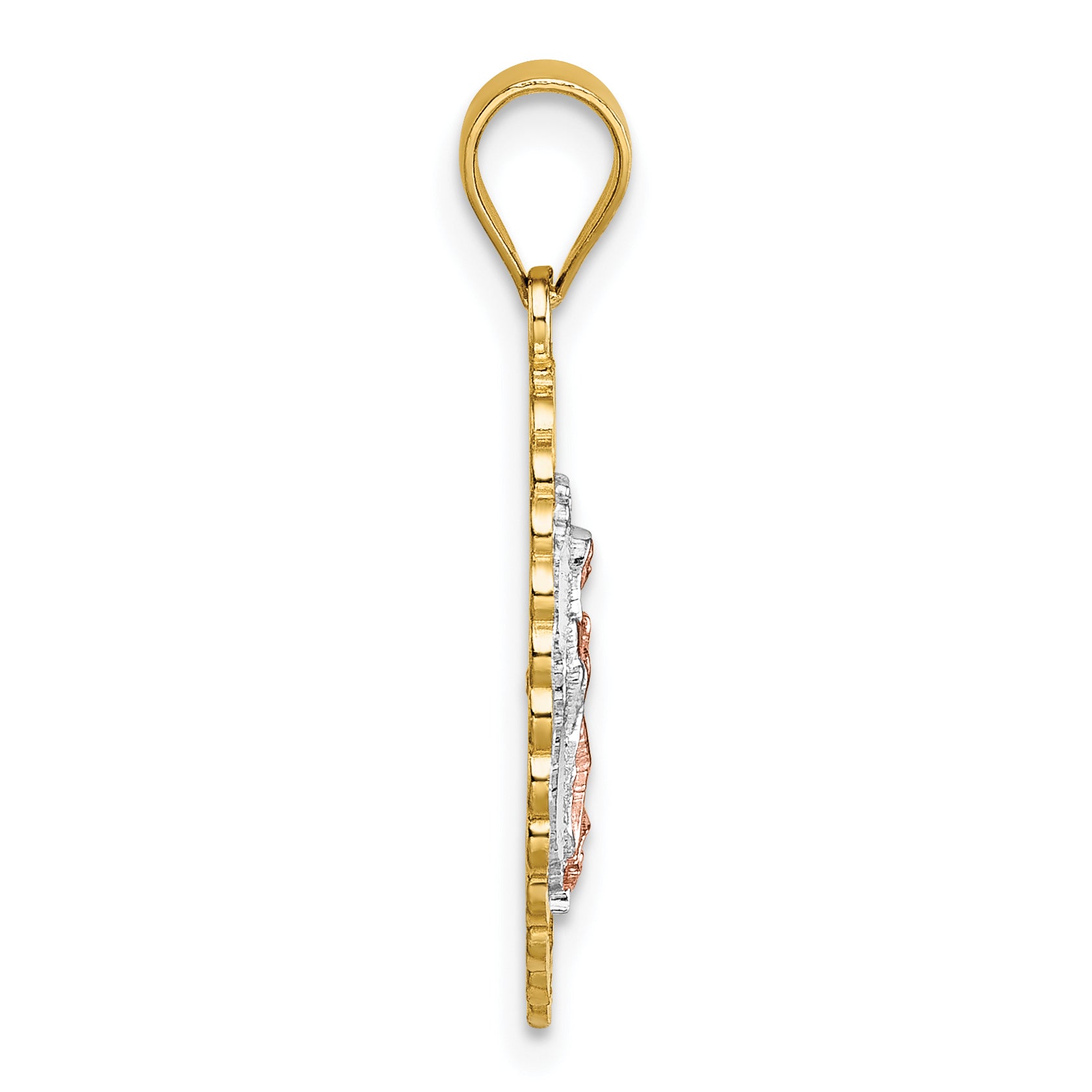 14k Polished Two-tone with White Rhodium Diamond-cut Pierced Design Our Lady of Guadalupe Pendant