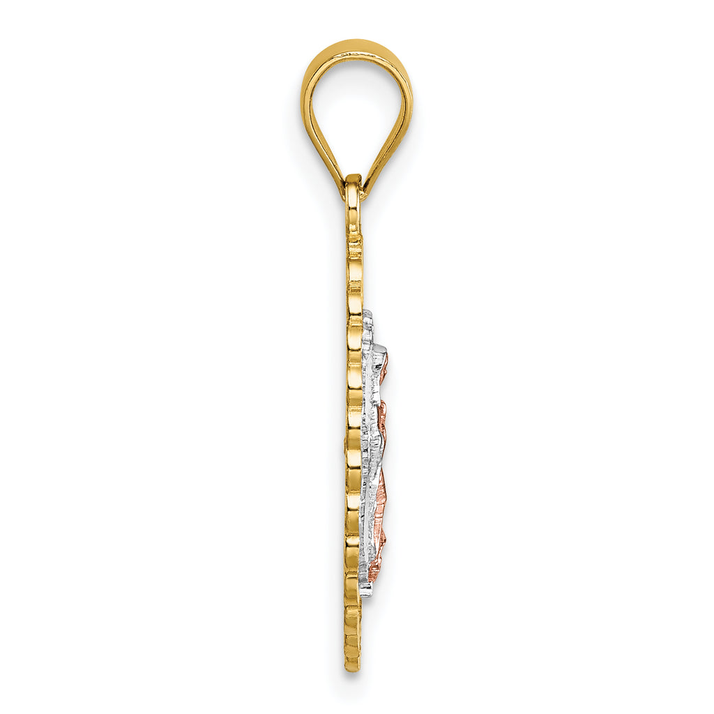 14k Polished Two-tone with White Rhodium Diamond-cut Pierced Design Our Lady of Guadalupe Pendant