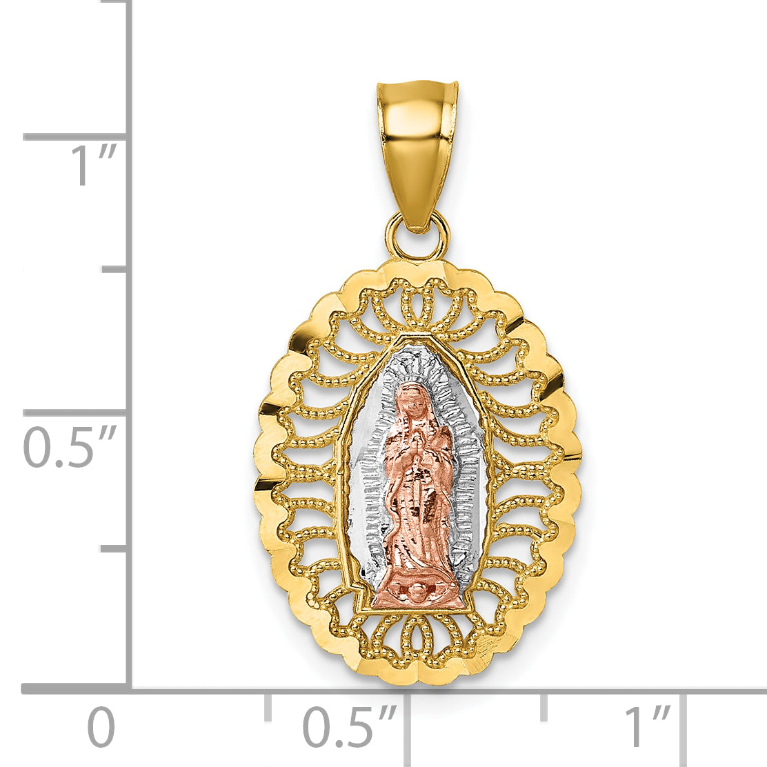14k Polished Two-tone with White Rhodium Diamond-cut Pierced Design Our Lady of Guadalupe Pendant