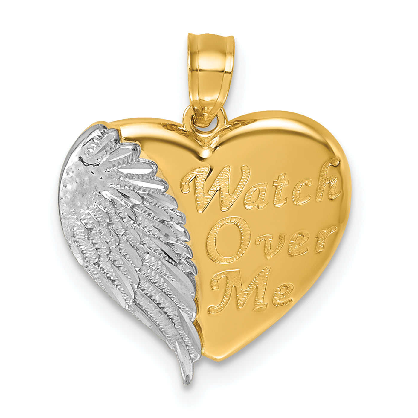 14k and Rhodium Diamond-cut Heart With Wing WATCH OVER ME Pendant