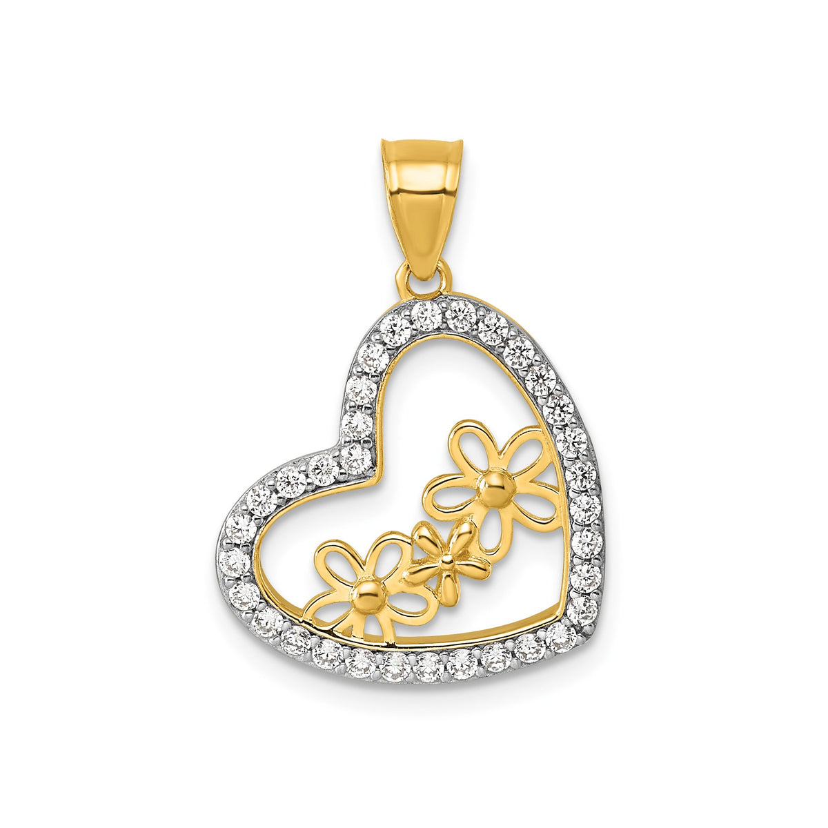 Flowers Cubic Zirconia Heart Pendant in 14K Yellow Gold - Sophia Jewelers