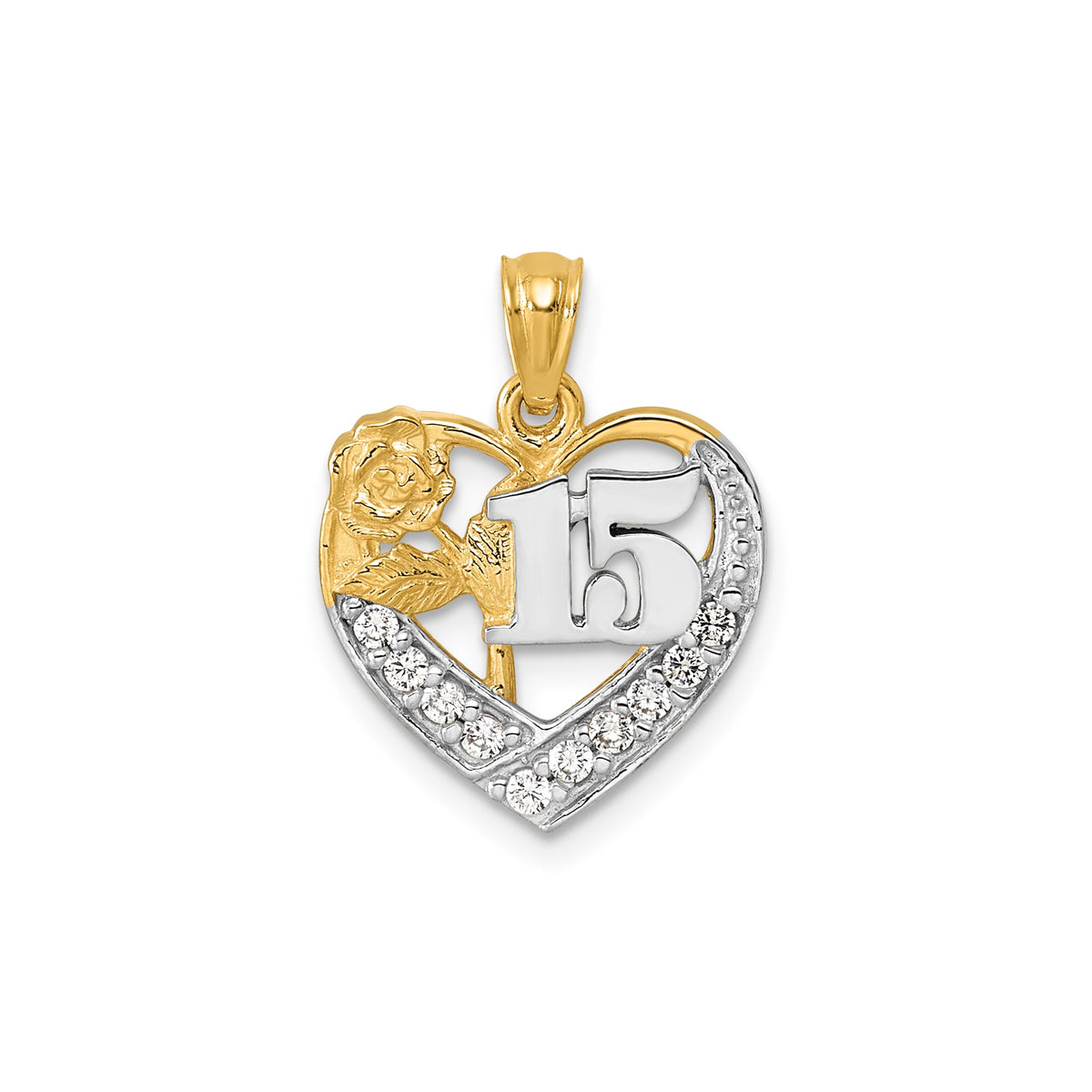 Cubic Zirconia 15 Rose Heart Pendant in 14K Two-Tone Gold - Sophia Jewelers
