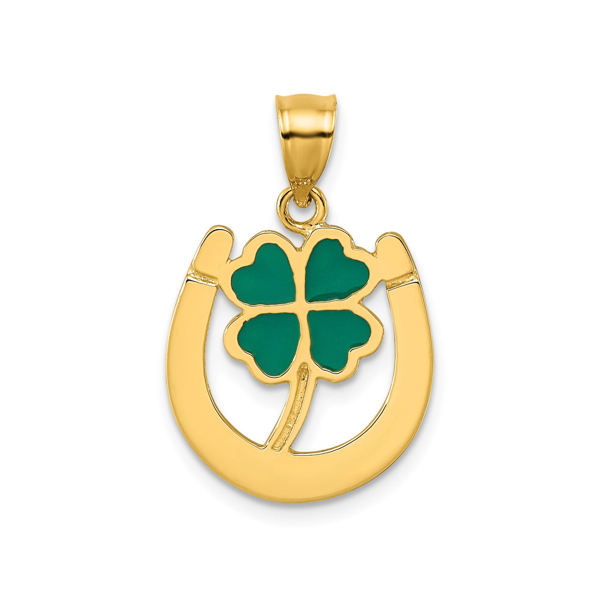 Enameled Four-Leaf Clover Horseshoe Pendant in 14K Yellow Gold - Sophia Jewelers