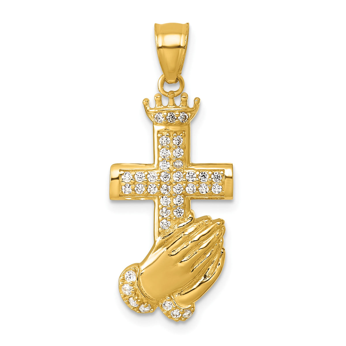 Cubic Zirconia Praying Hands Cross and Crown Pendant in 14K Yellow Gold - Sophia Jewelers
