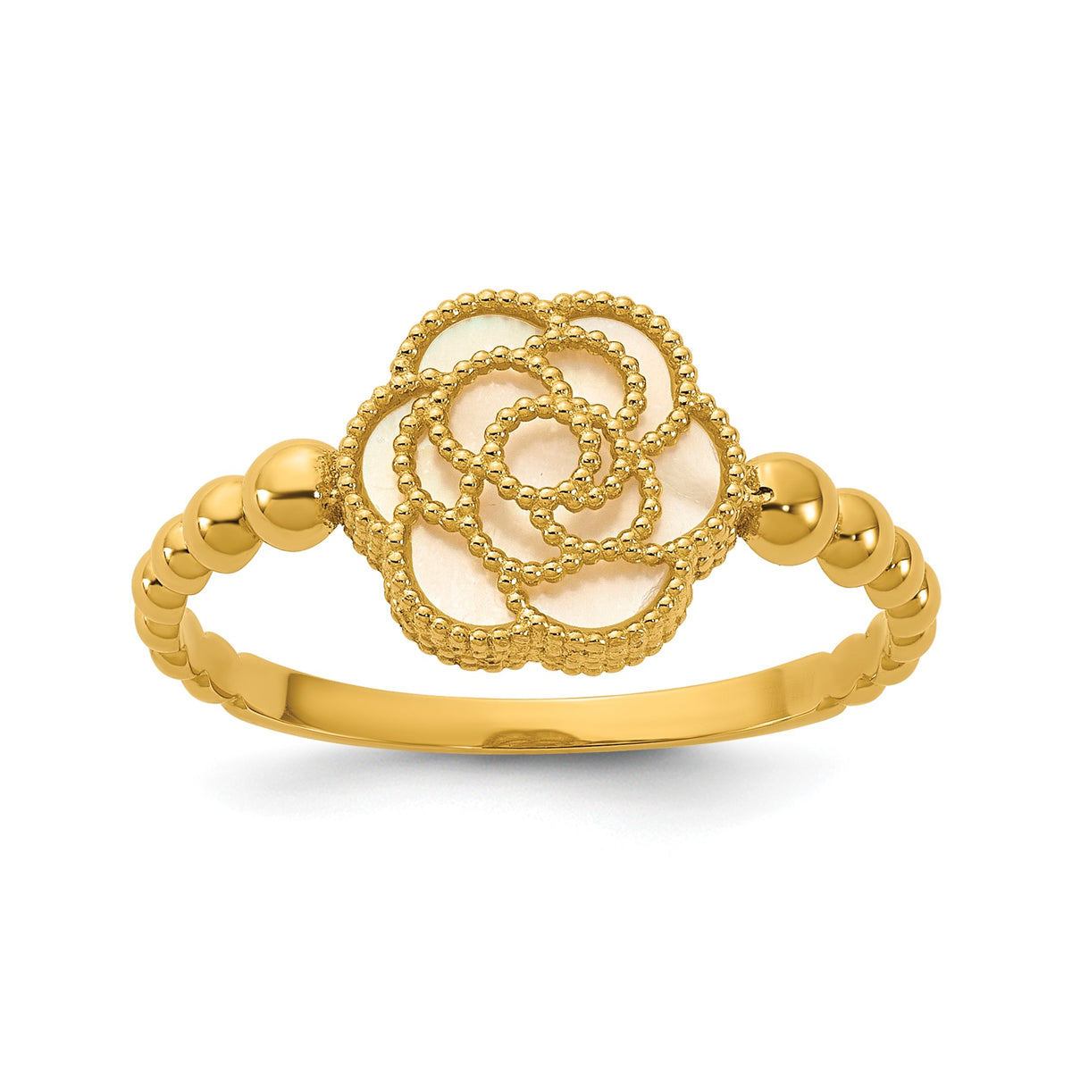 Mother of Pearl Beaded Flower Ring in 14K Yellow Gold, Size 7 - Sophia Jewelers Main image