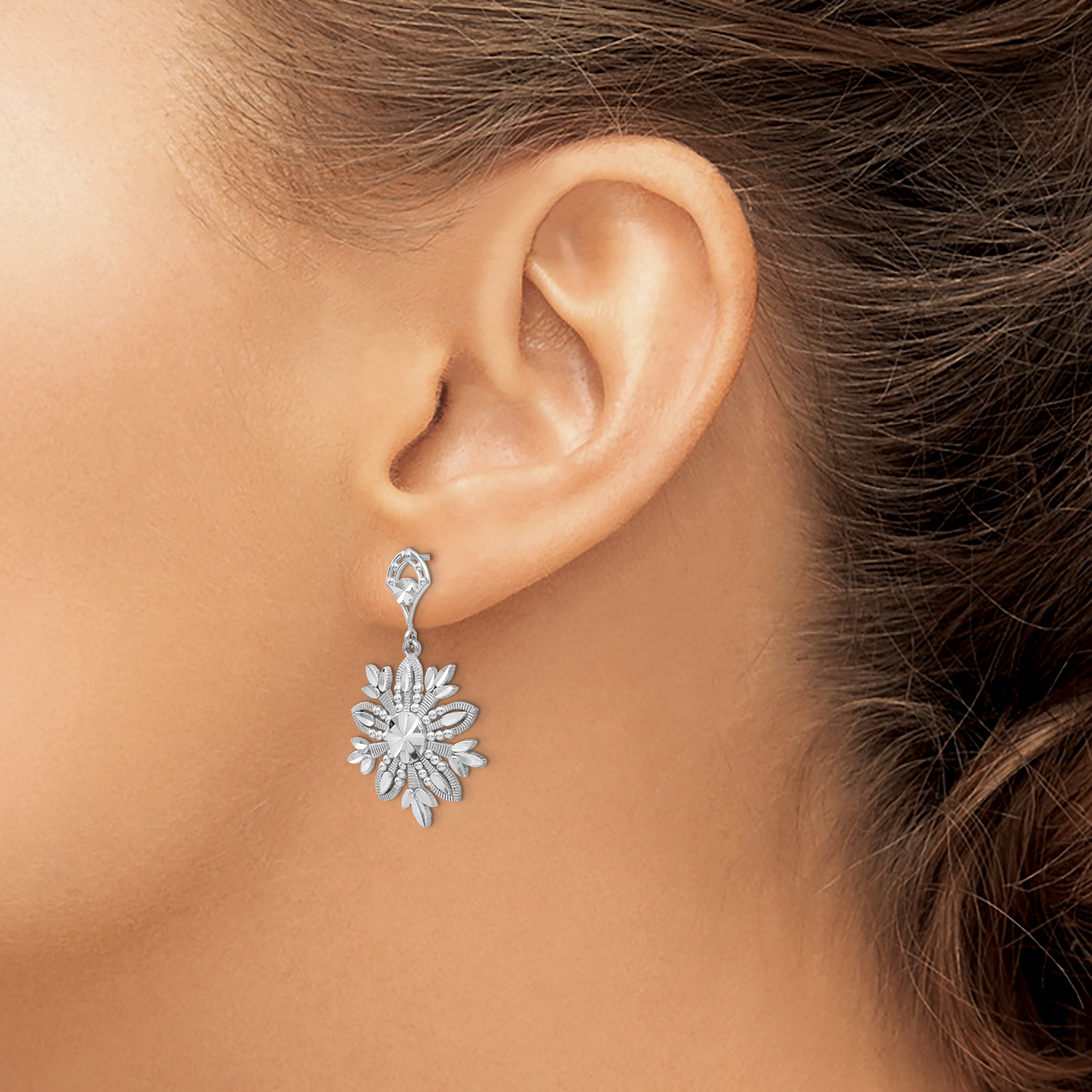 14k White Gold Fancy Snowflake Dangle Earrings