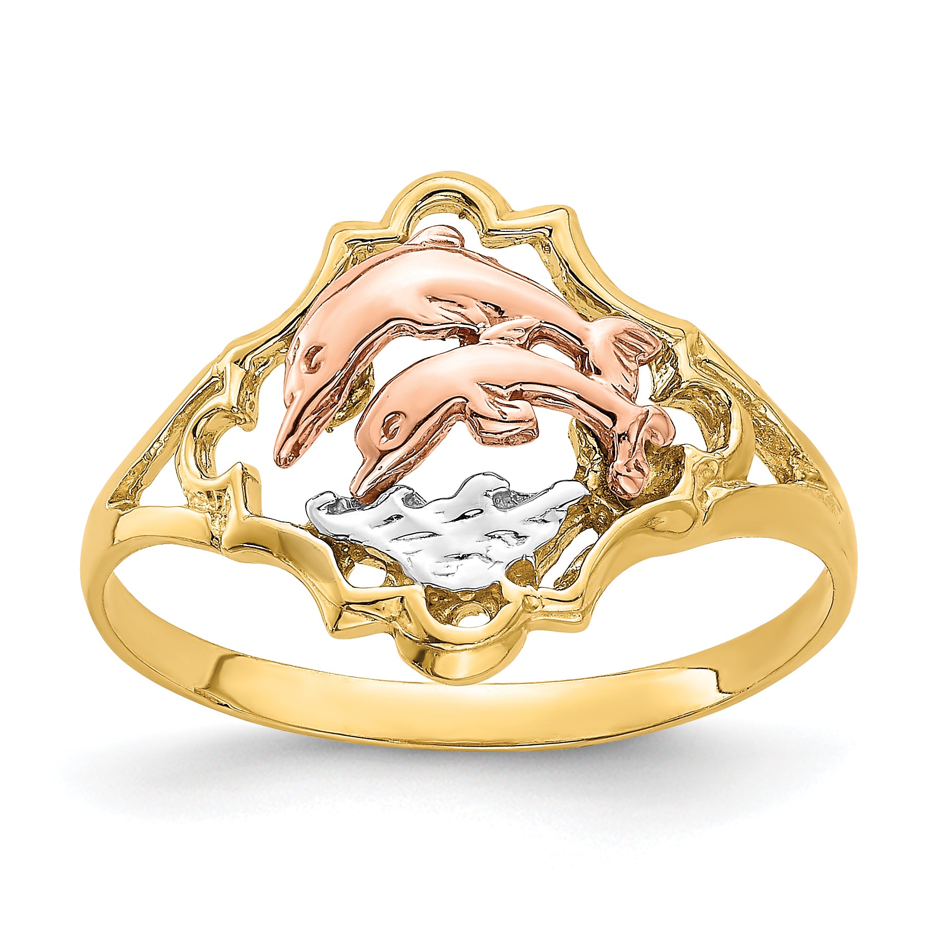 14K Yellow and Rose Gold W/Rhodium Double Dolphin Ring Main image
