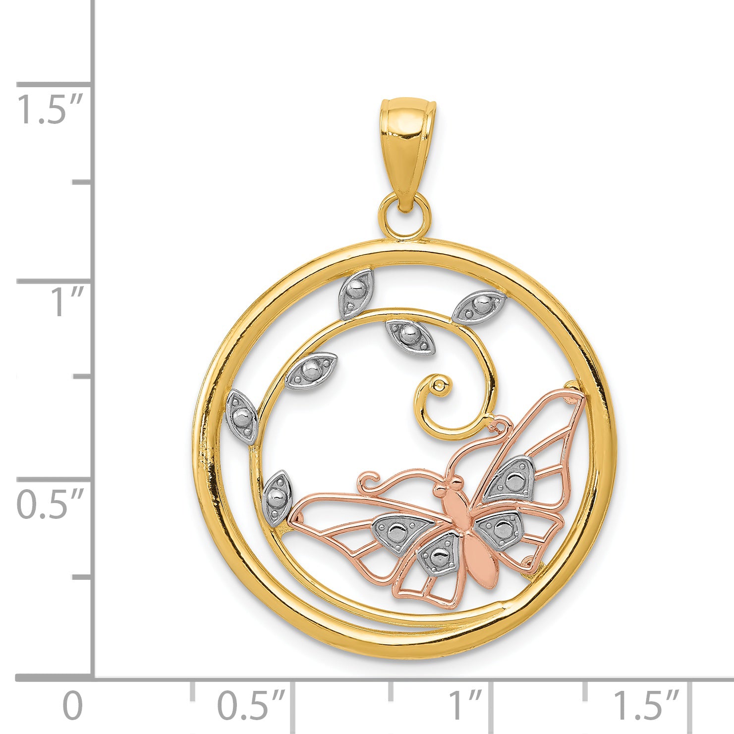 14k Two-tone with White Rhodium Butterfly in Circle Pendant