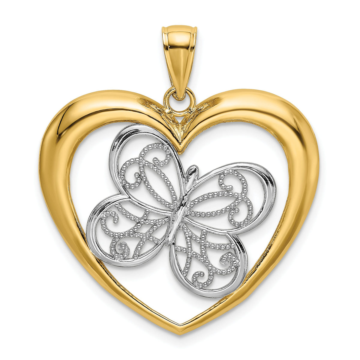 Filigree Butterfly-In-Heart Charm in 14K Two-Tone Gold, 30mm - Sophia Jewelers Main image