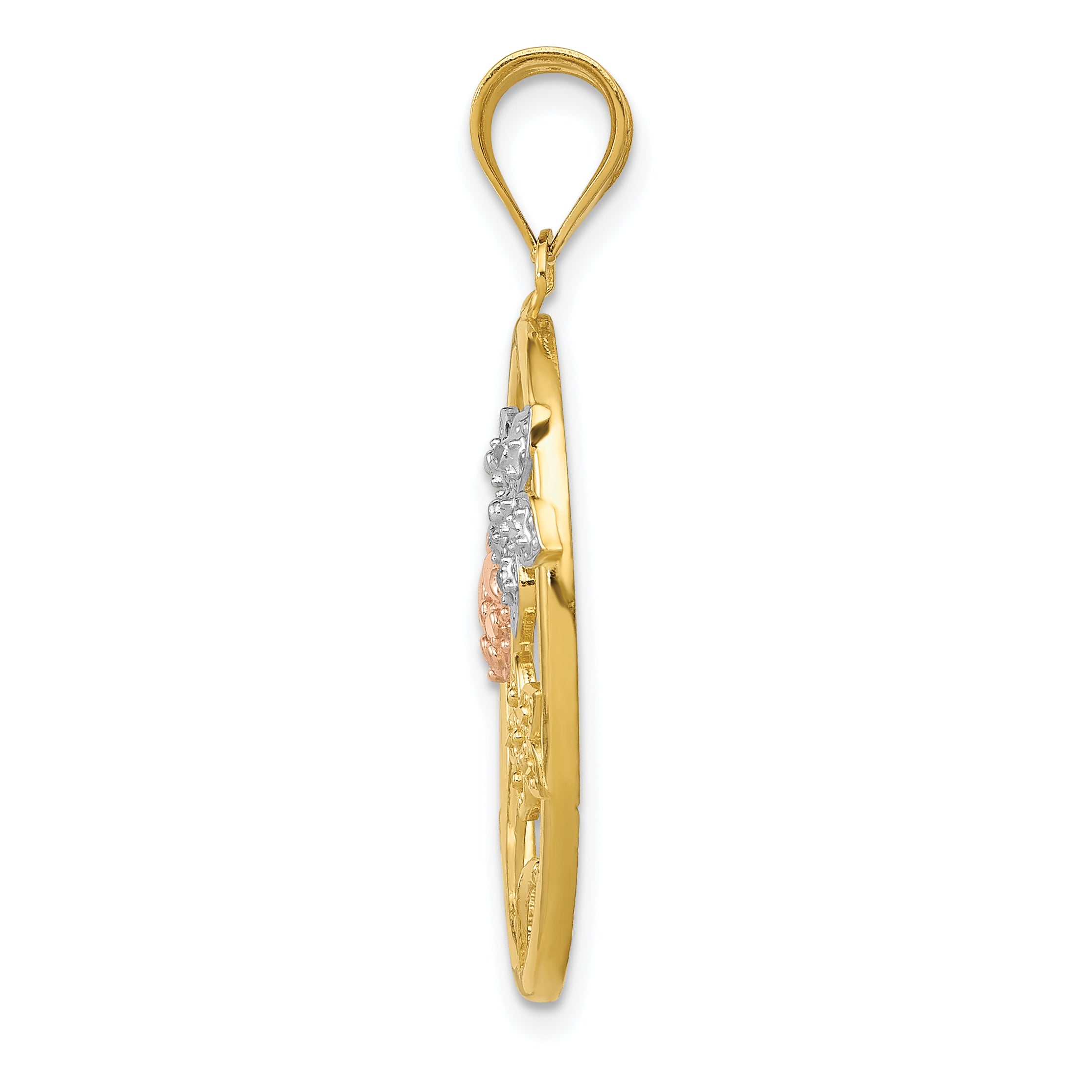 14k Two-tone with White Rhodium Diamond-cut Oval Floral Pendant