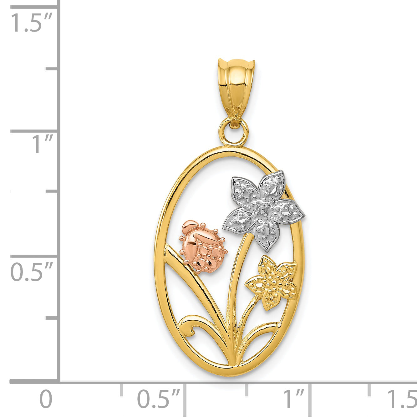 14k Two-tone with White Rhodium Diamond-cut Oval Floral Pendant