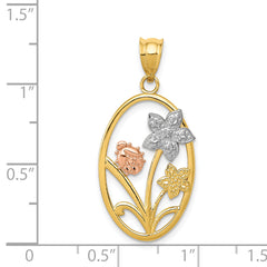 14k Two-tone with White Rhodium Diamond-cut Oval Floral Pendant