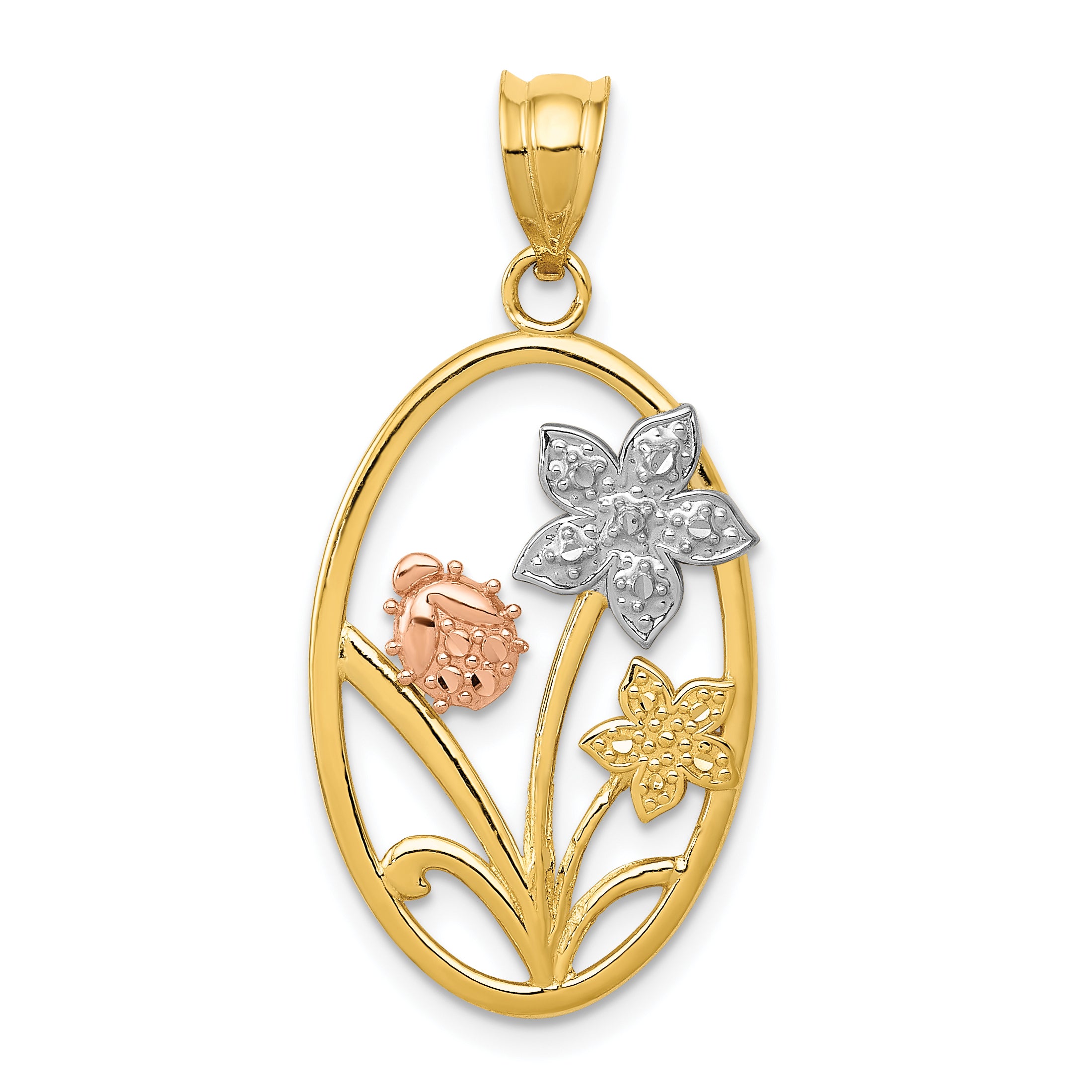 14k Two-tone with White Rhodium Diamond-cut Oval Floral Pendant Main image