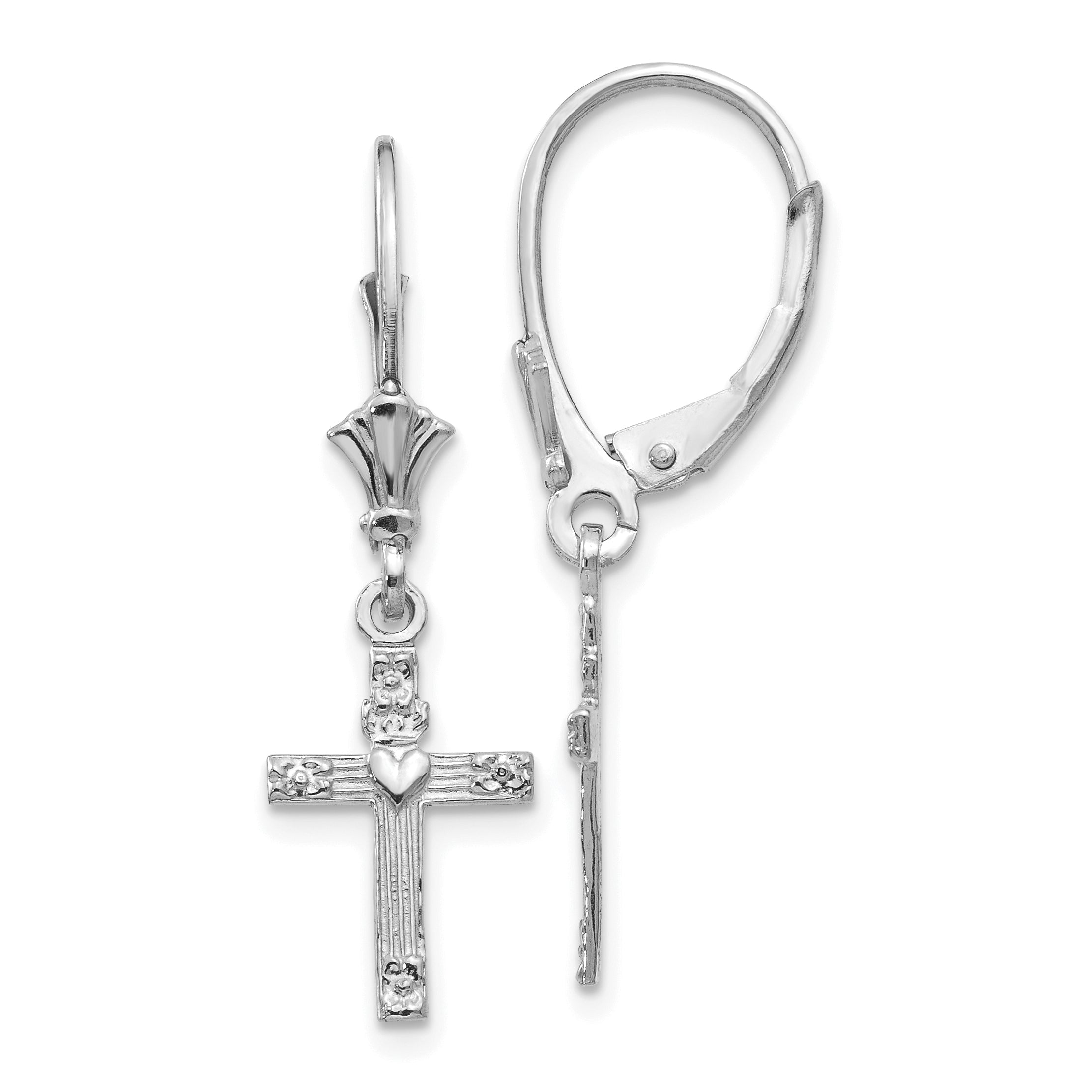 14K White Gold Mini Cross with Heart Leverback Earrings Main image