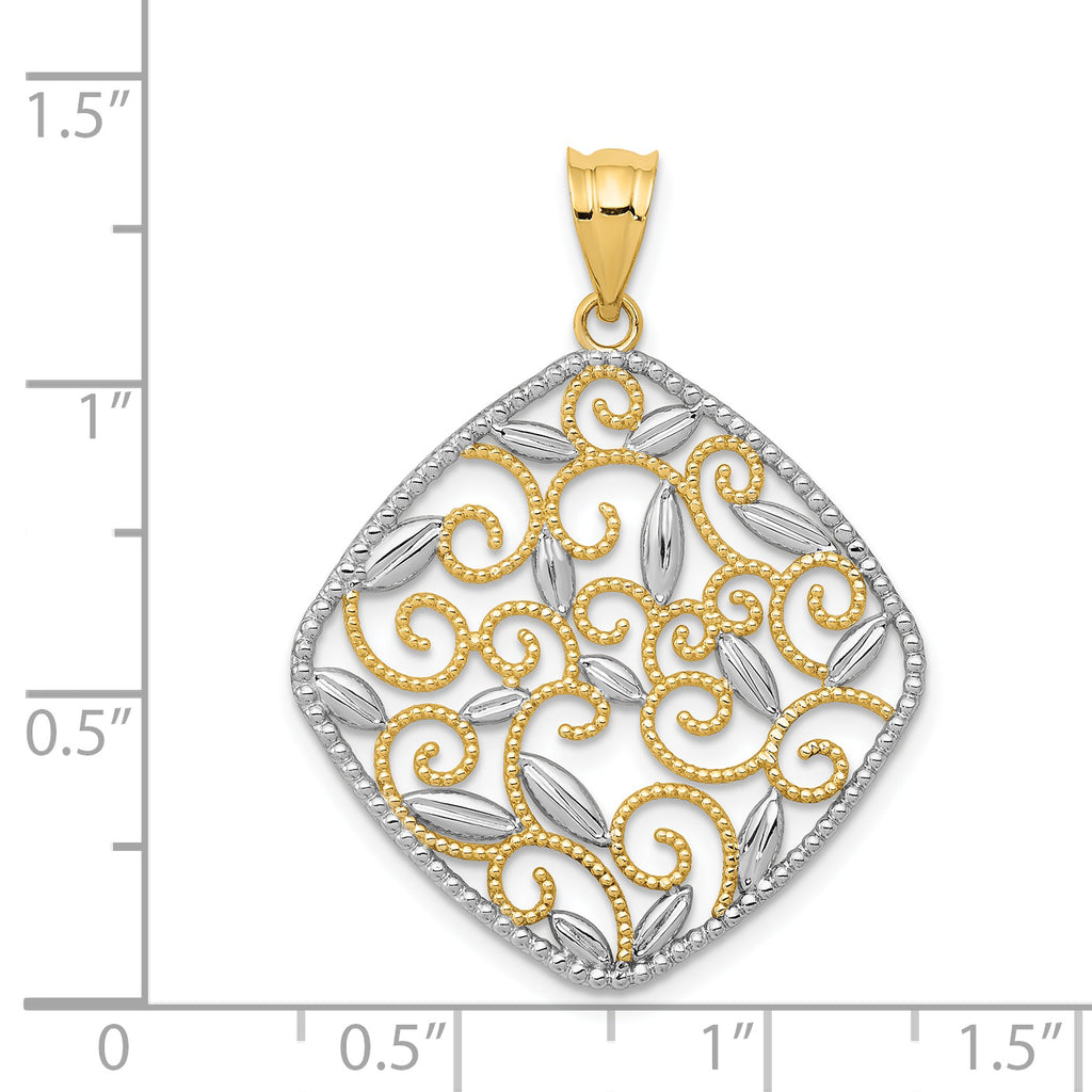 14K Yellow Gold With Rhodium Diamond-Cut and Polished Filigree Swirl Pendant