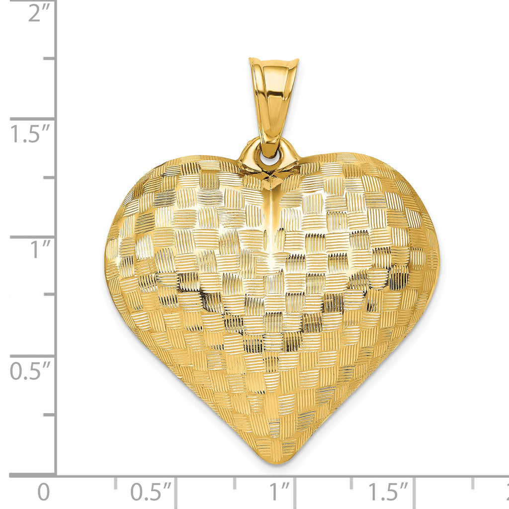 14K Polished Basket Weave Pattern 3-D Puffed Heart Pendant