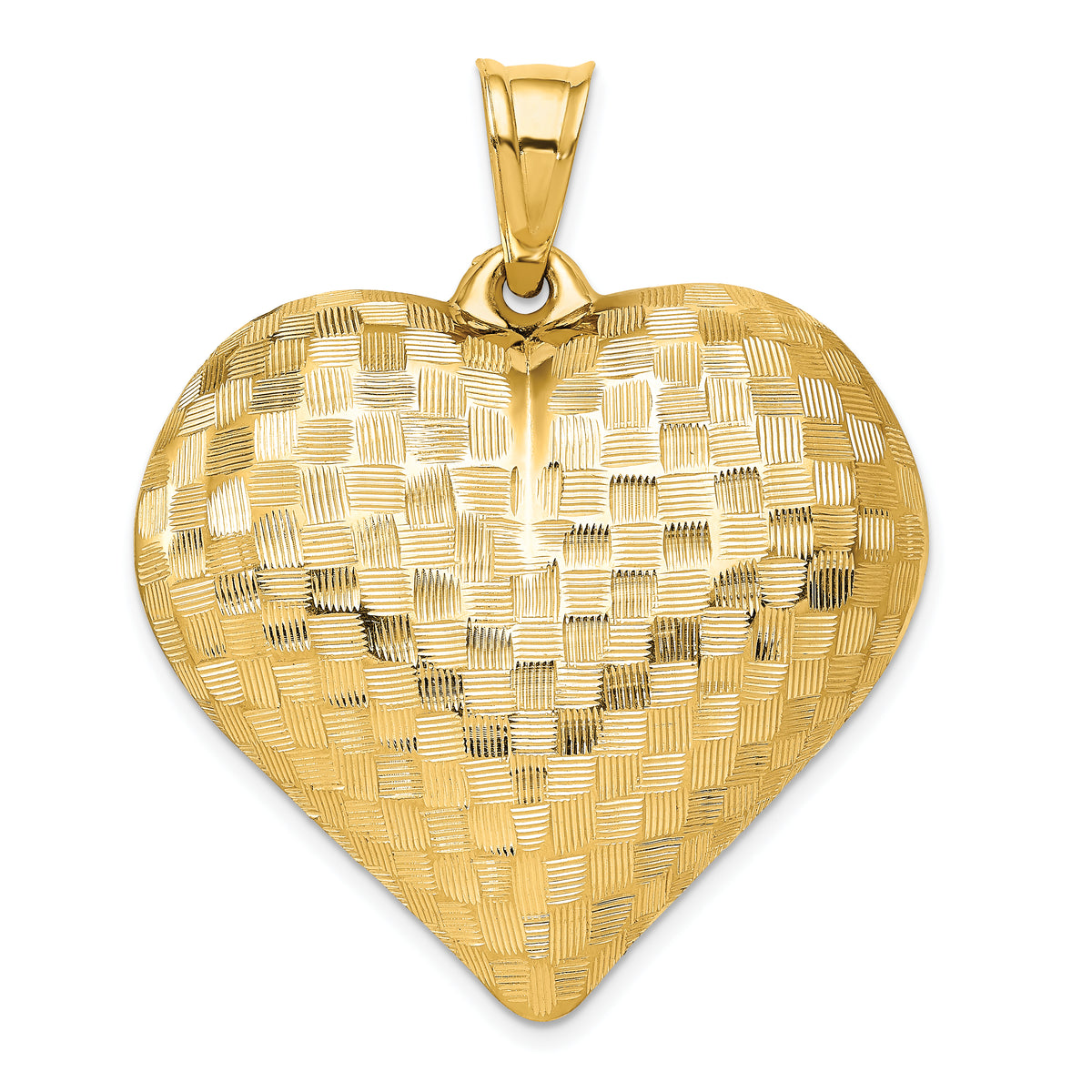 14K Polished Basket Weave Pattern 3-D Puffed Heart Pendant
