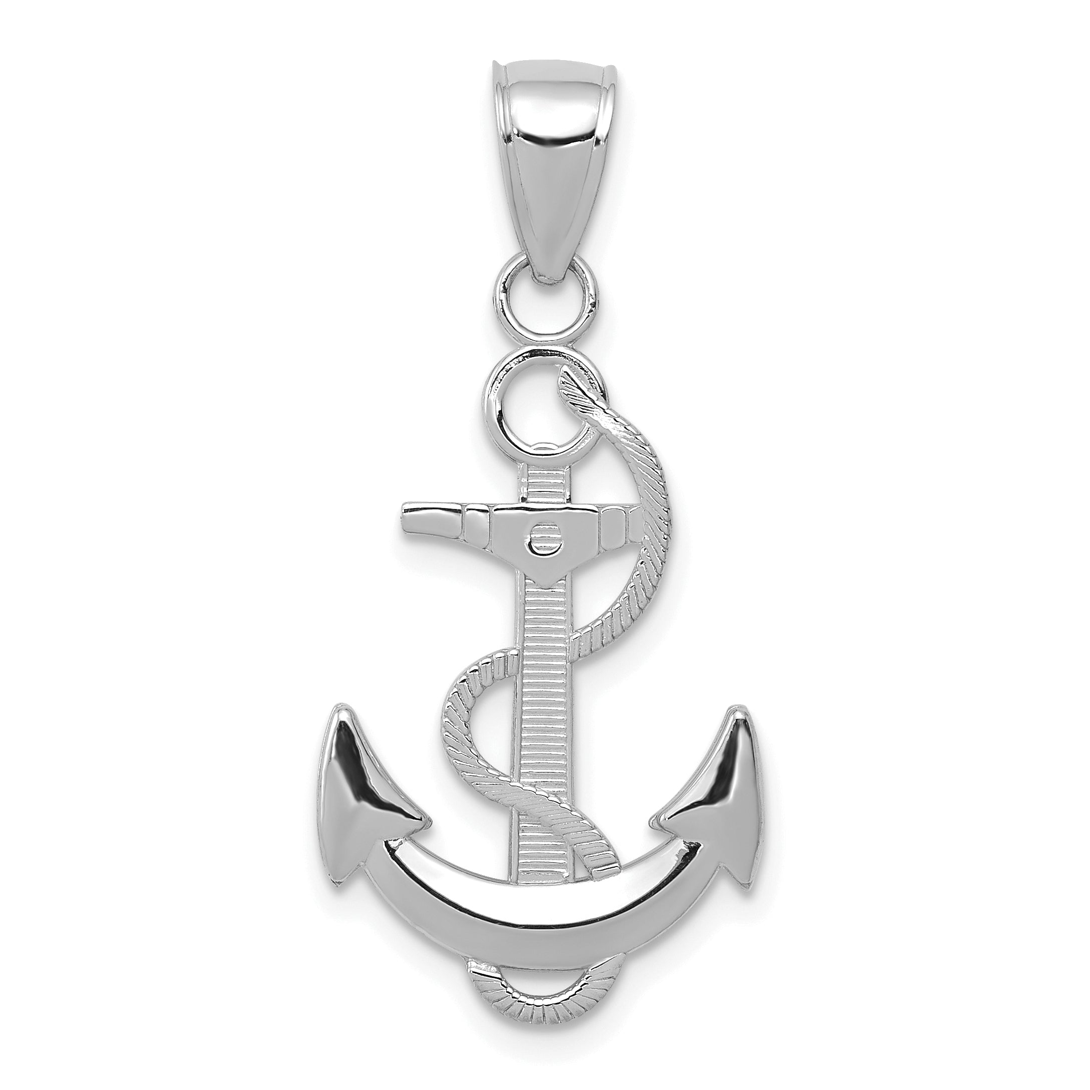 14K White Gold Polished Anchor with Textured Rope Pendant Main image