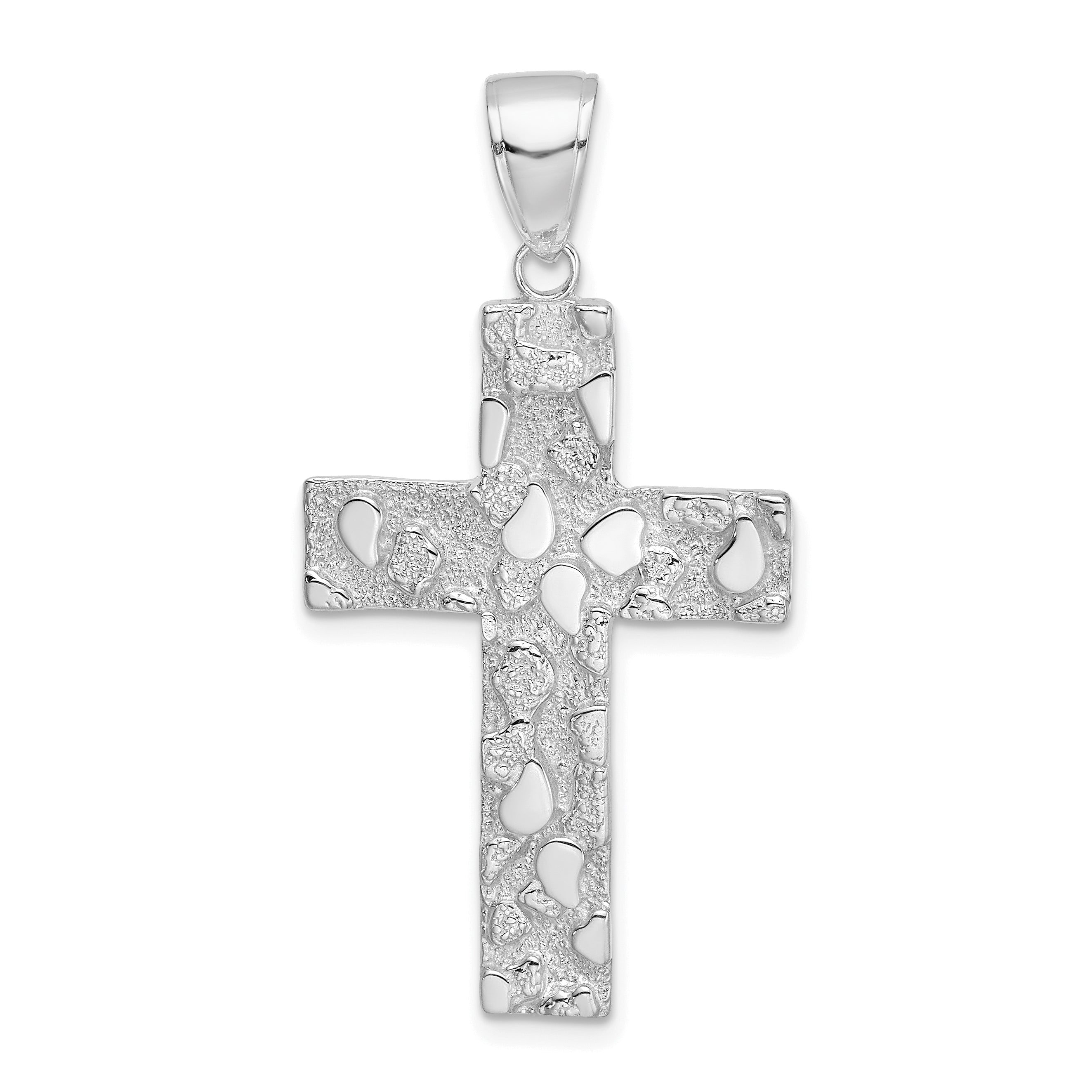 14K White Gold Polished/Textured Nugget Style Cross Pendant Main image