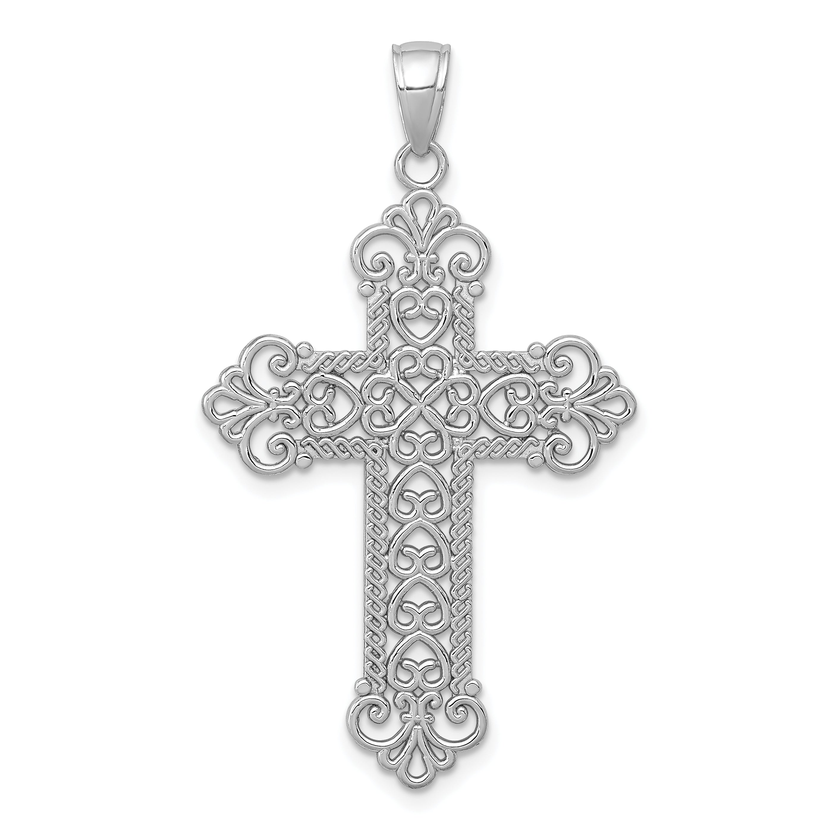 14K White Gold Polished Large Rope Frame Filigree Cross Pendant Main image