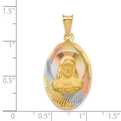 14K w/Rose and White Rhodium D/C Sagrado Corazon Oval Pendant