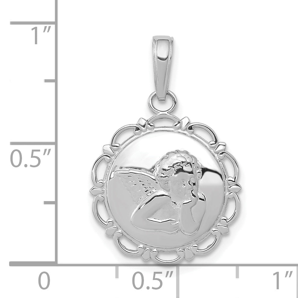 14K White Gold Polished Angel/Cherub on Round Scallop Frame Pendant