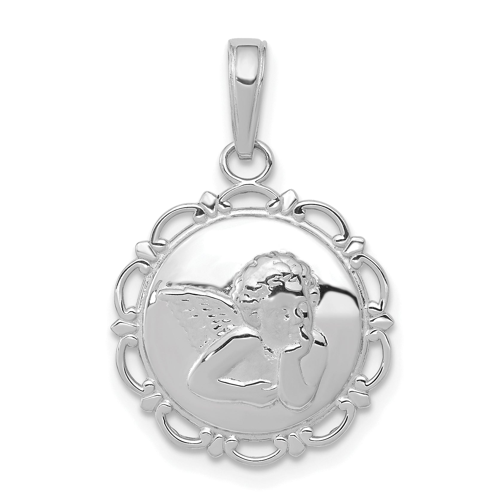 14K White Gold Polished Angel/Cherub on Round Scallop Frame Pendant Main image