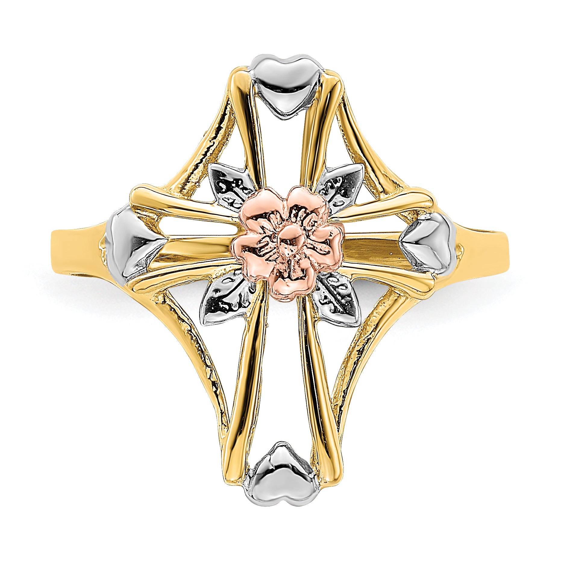 14K Two-tone W/White Rhodium Polished Cross w/Flower Ring
