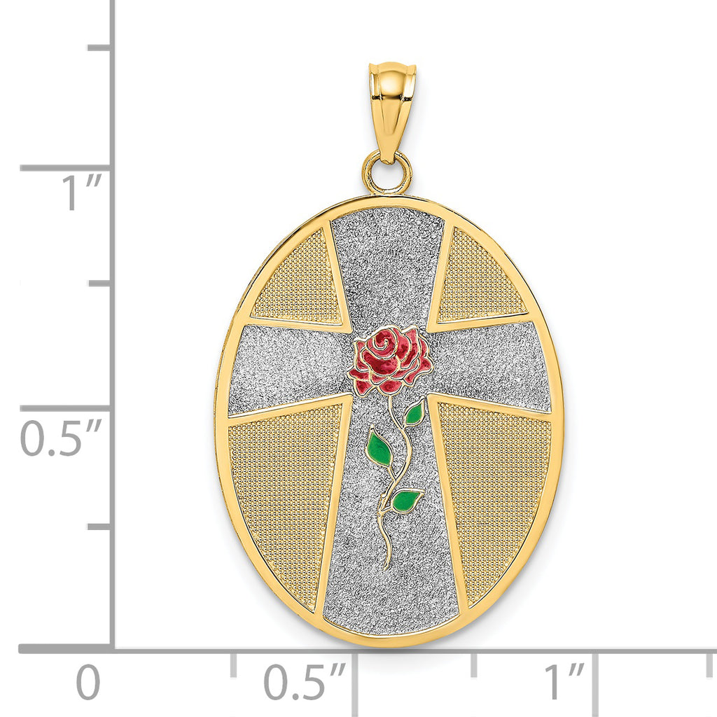 14K w/ Rhodium Enamel Rose Serenity Prayer Oval Disc Charm