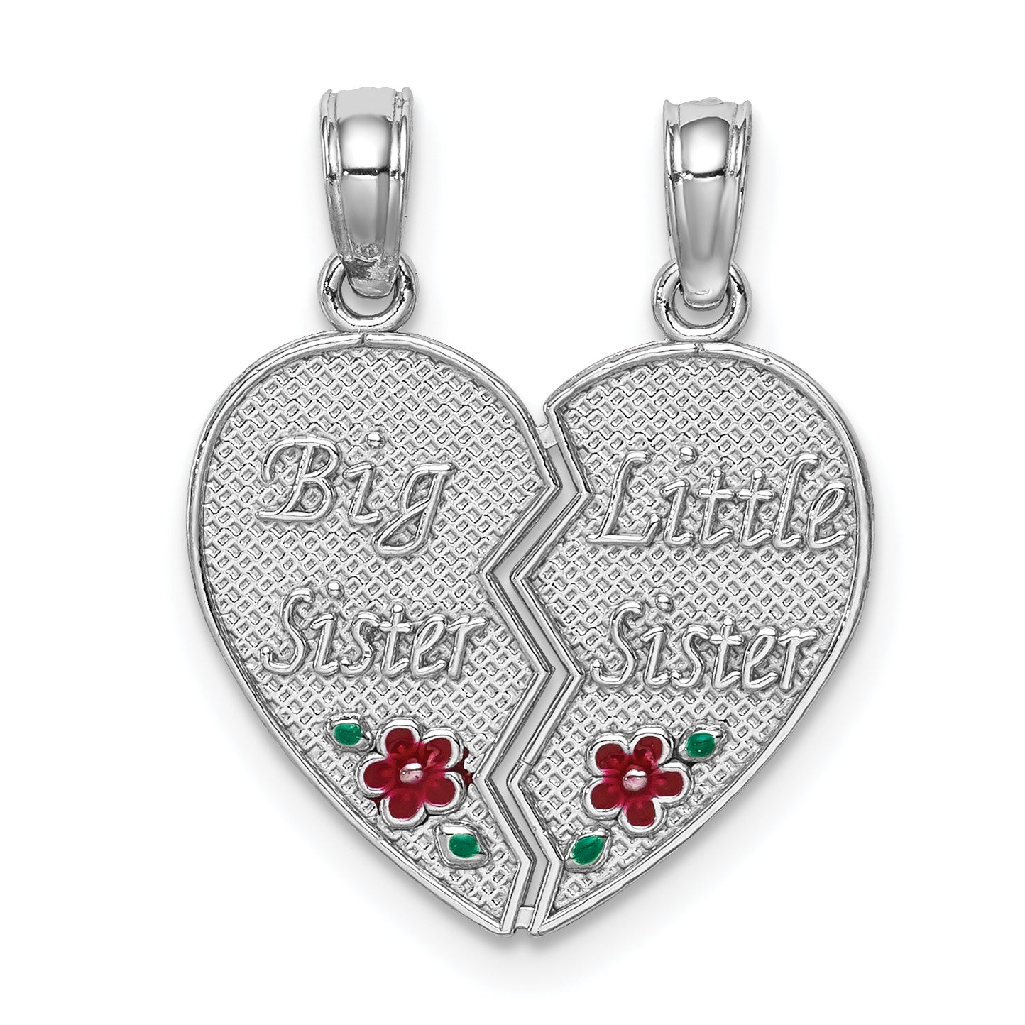 14K White Gold Enamel BIG-LITTLE SISTER Break Apart Heart Charm Main image