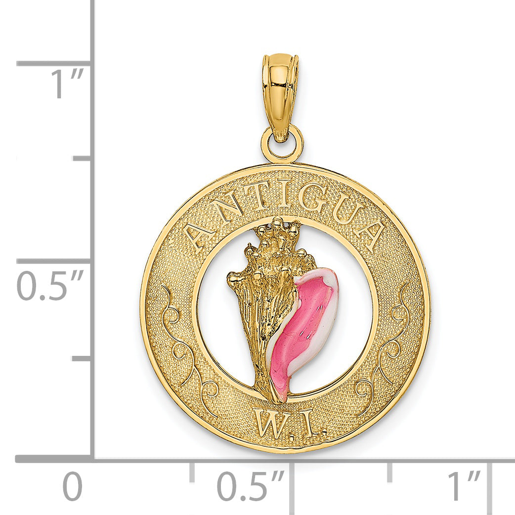 14K ANTIGUA, WI Circle w/ Enamel Conch Shell Charm
