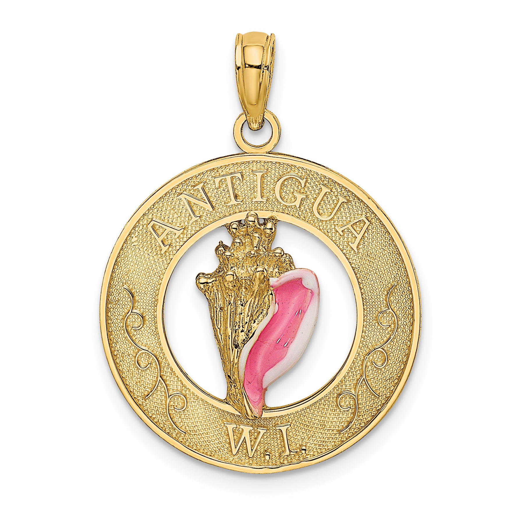 14K ANTIGUA, WI Circle w/ Enamel Conch Shell Charm