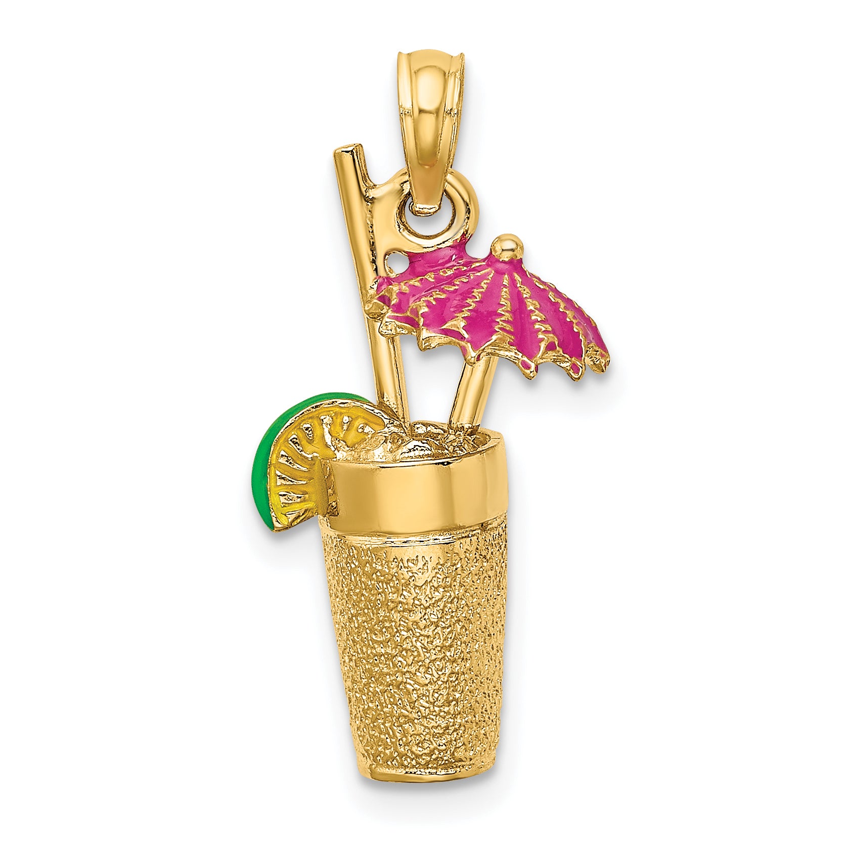 14K 3-D Cocktail Drink w/Fuschia Enamel Umbrella and Lime Charm Main image