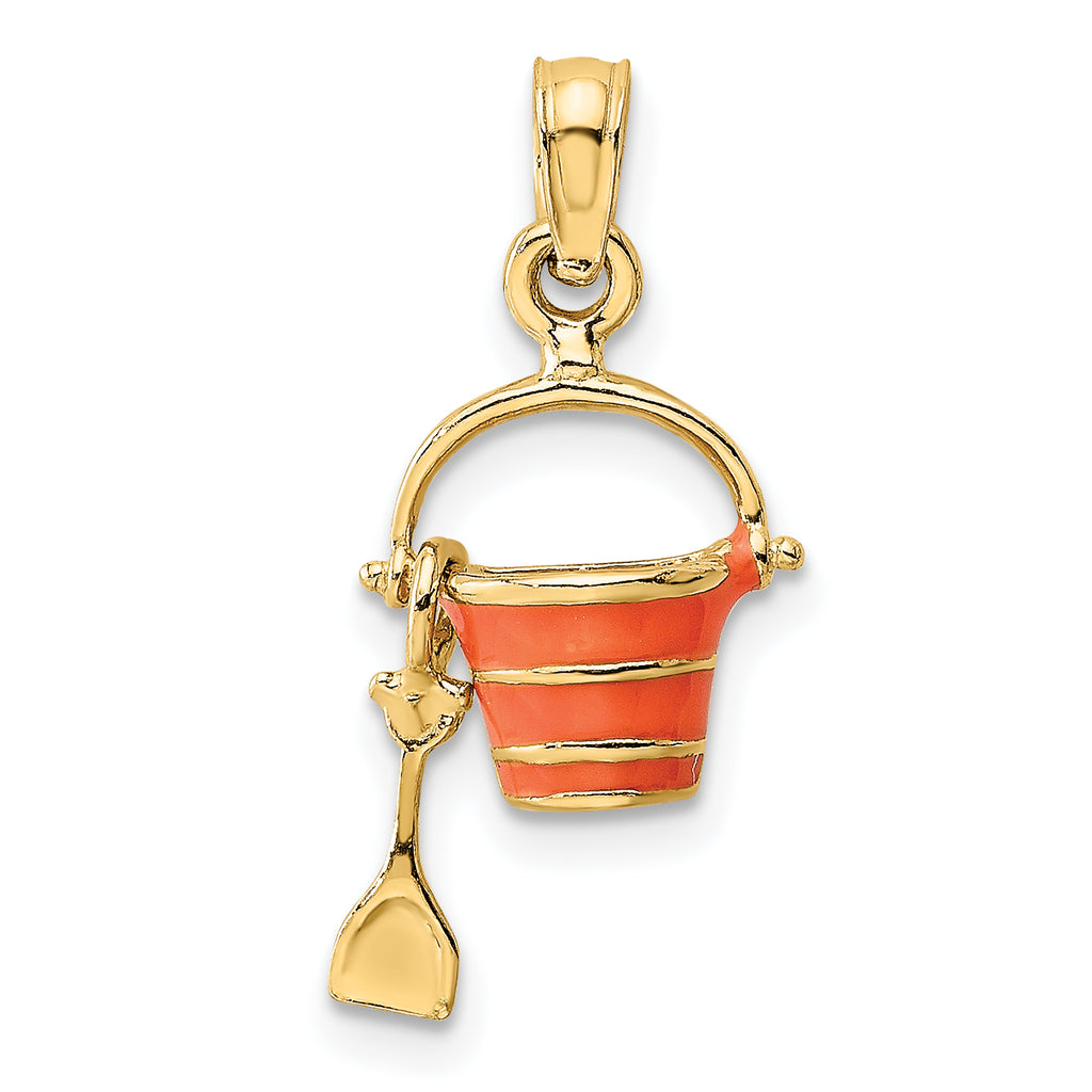 14K 2-D Orange Enameled Beach Bucket w/Moveable Shovel Charm