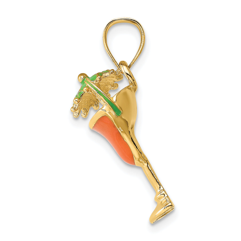 14K Orange Enameled Margarita Drink w/Umbrella and Lime Charm