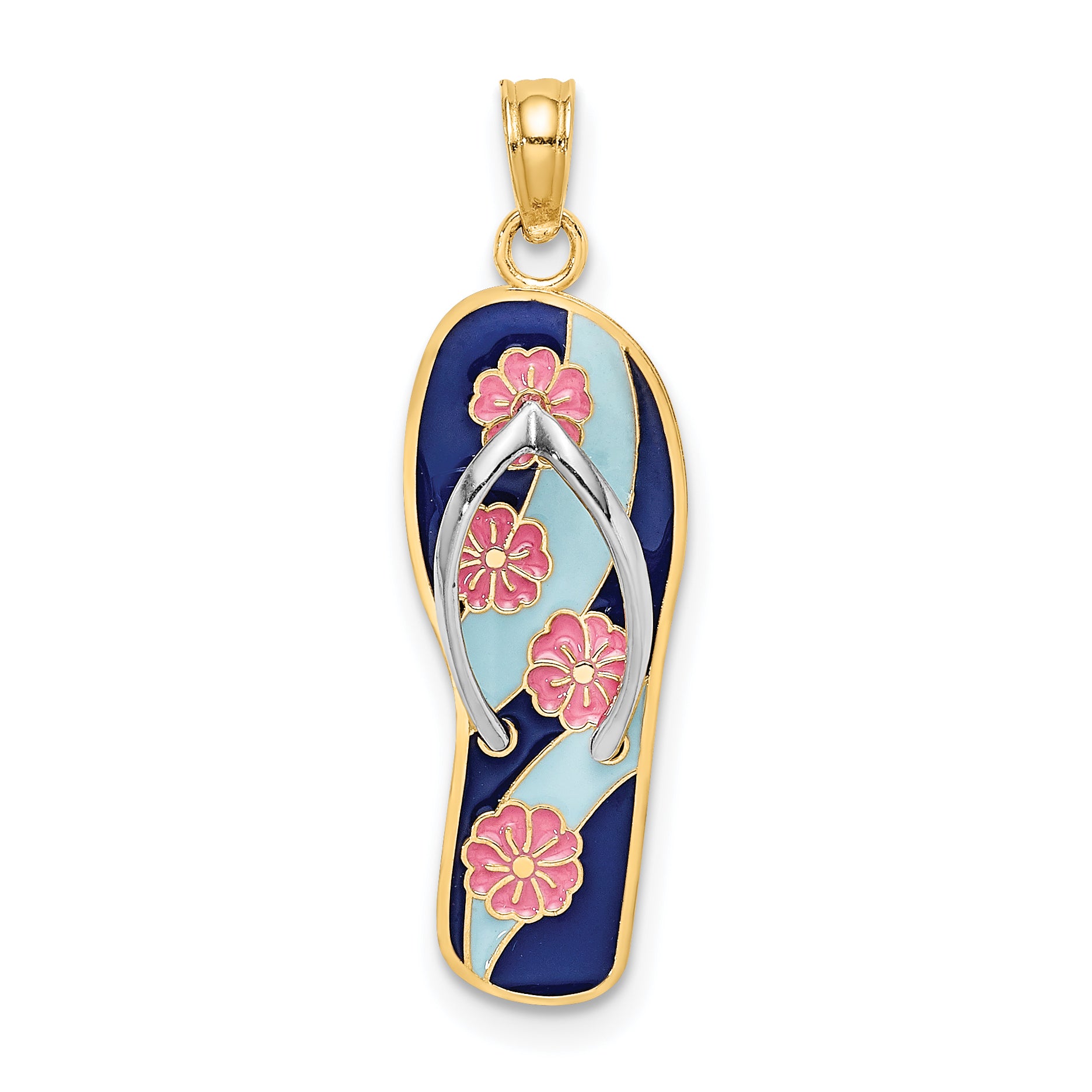 14K Rhodium 3D Enamel Pink Flowers On Blue Stripes Flip-Flop Charm Main image