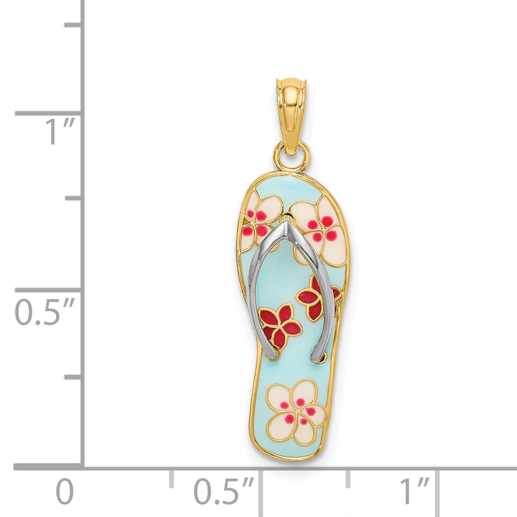 14K w/Rhodium 3D Enamel Fuschia and White Flowers On Aqua Flip-Flop Charm