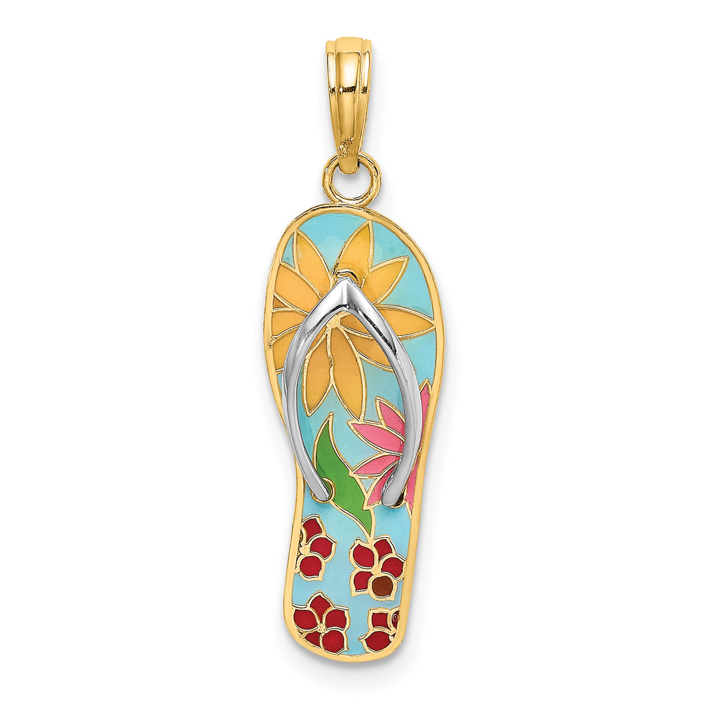 14K and Rhodium Multi-Colored 3D Enamel Fuschia Flowers On Flip-Flop Charm