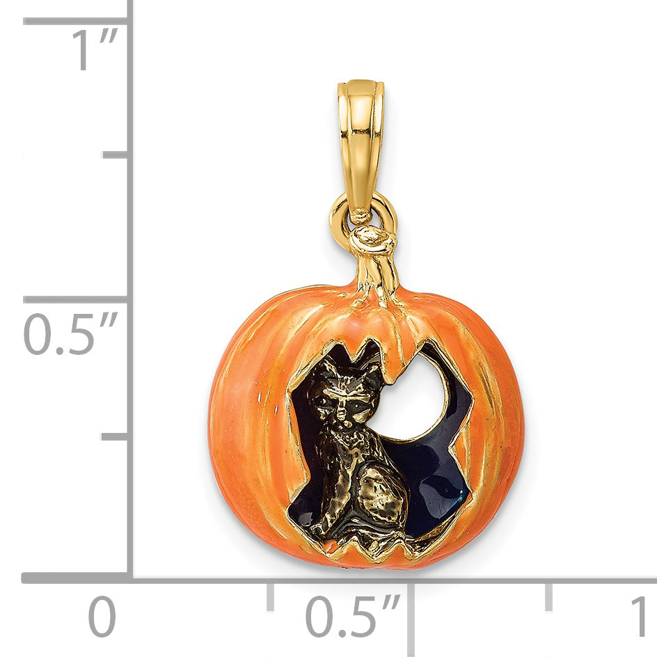 14K 3-D Enameled Pumpkin w/Black Cat and Moon Charm