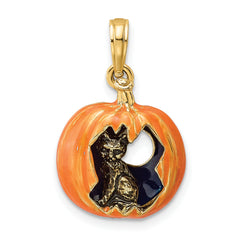 14K 3-D Enameled Pumpkin w/Black Cat and Moon Charm