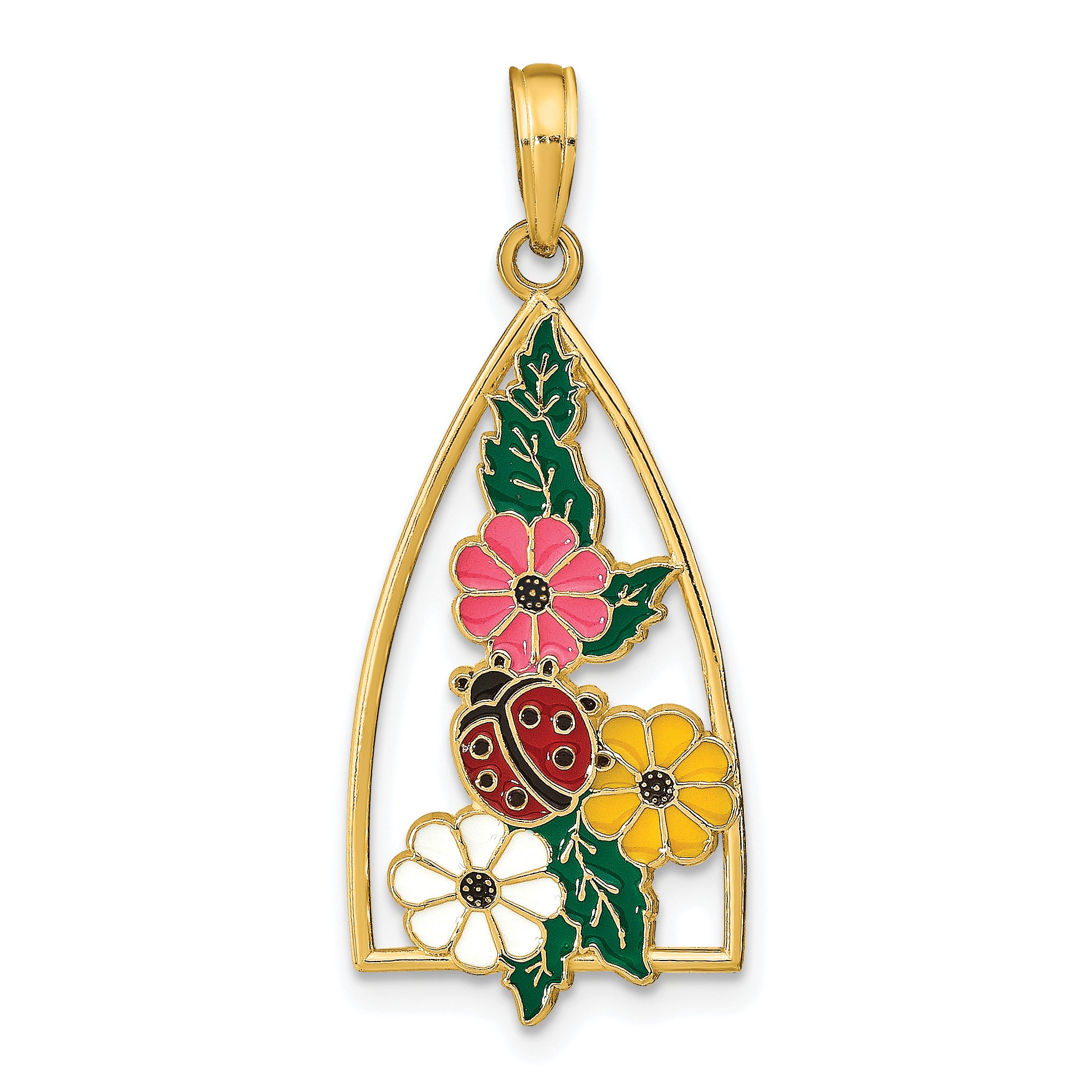 14K Enameled Ladybug and Flowers Triangle Pendant Main image