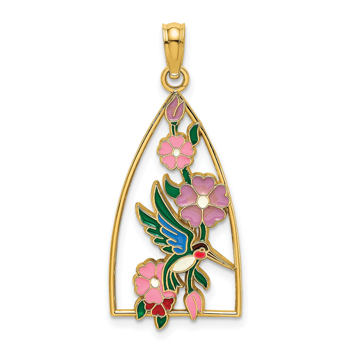 Hummingbird & Flowers Triangle Charm in 14K Yellow Gold, 29mm - Sophia Jewelers Main image