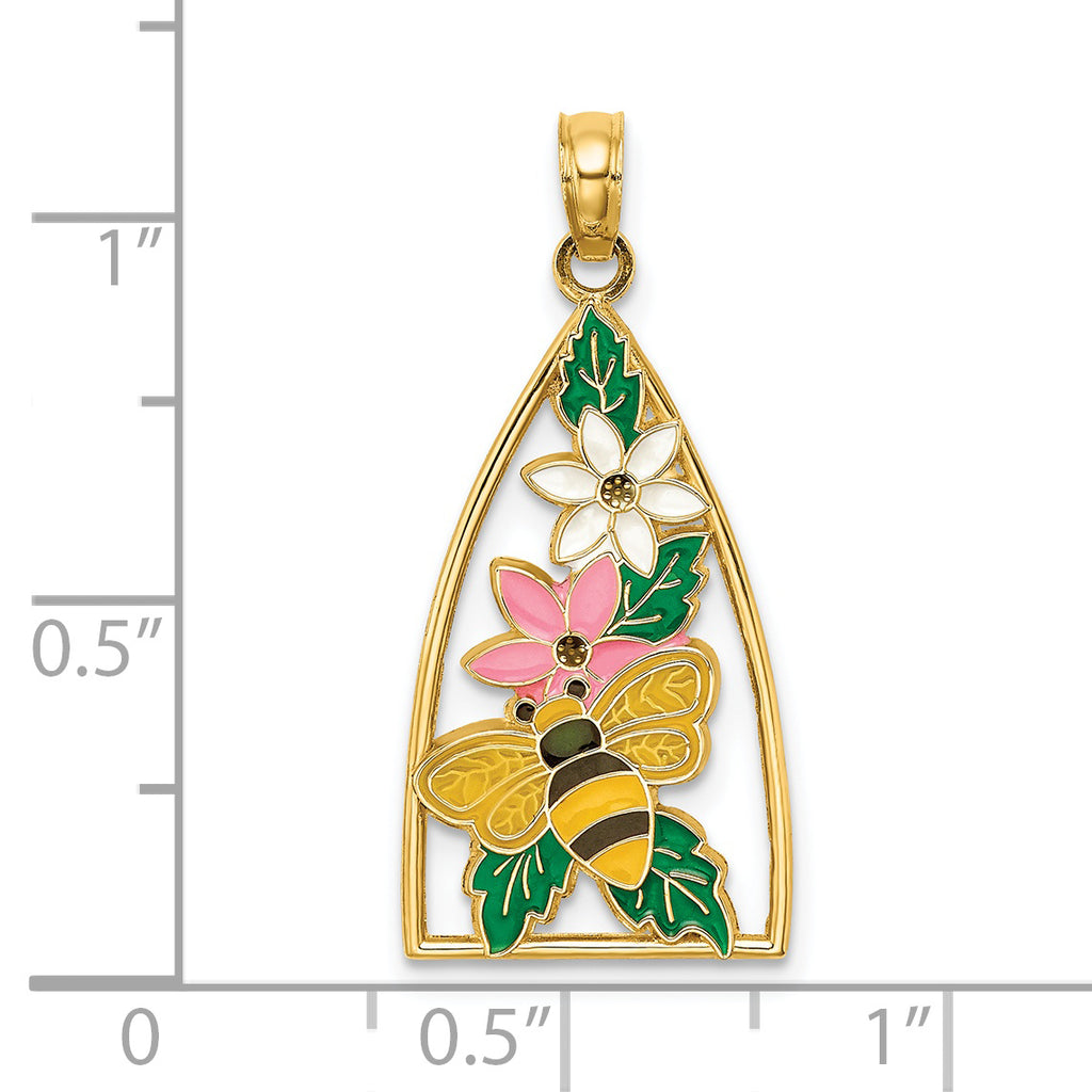 14K Enameled Bumblebee and Flowers Triangle Charm