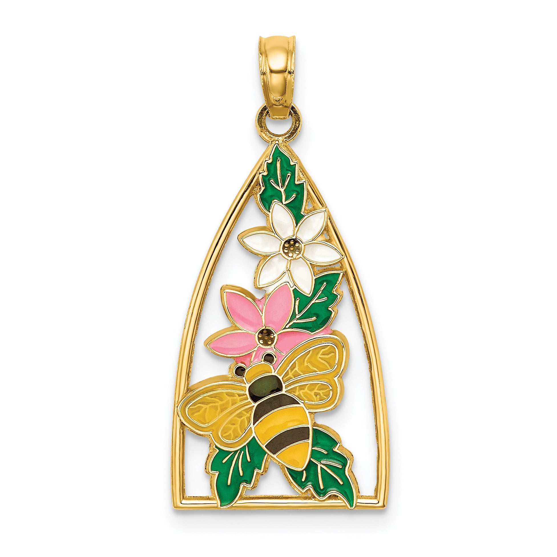 14K Enameled Bumblebee and Flowers Triangle Charm Main image