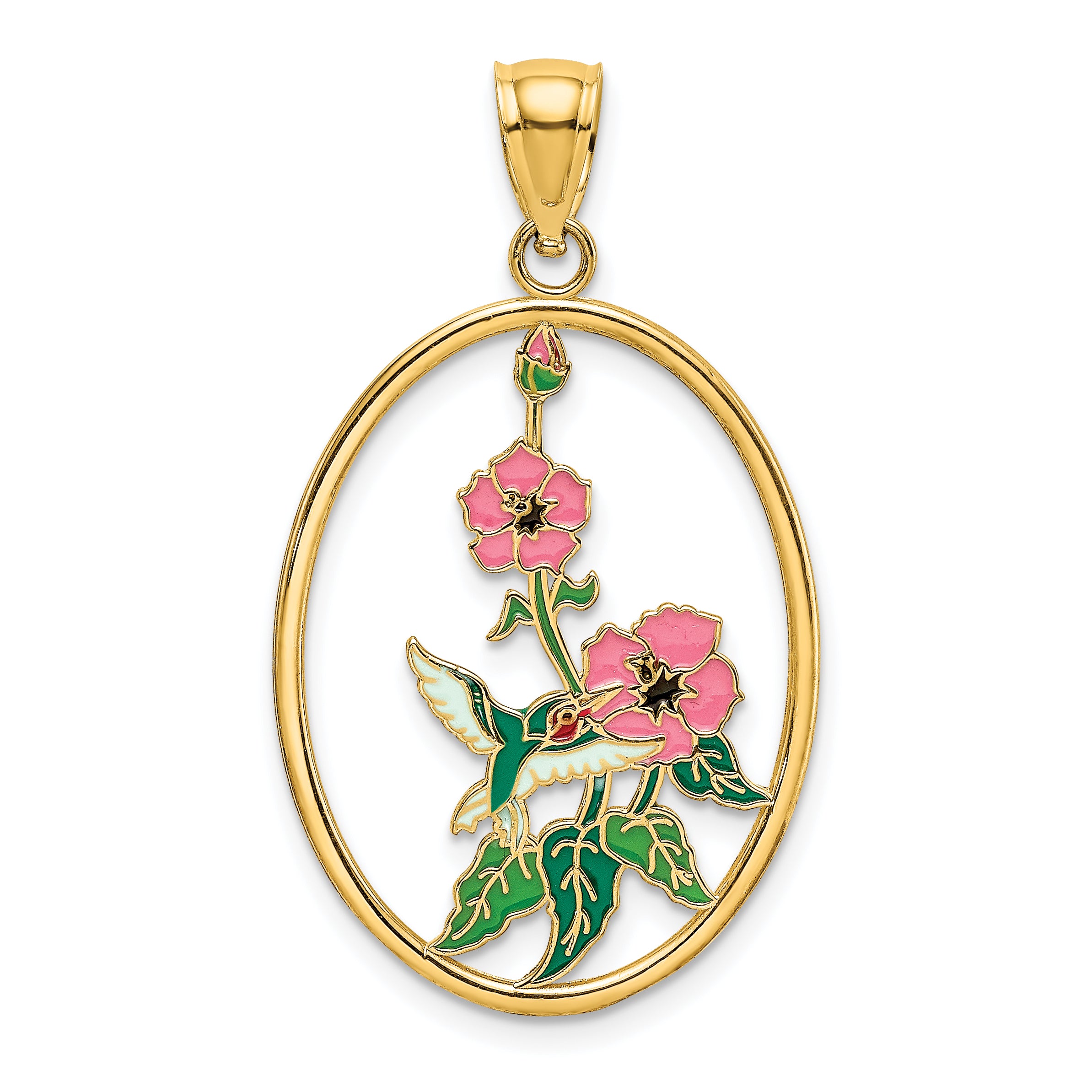 14K w/ Enamel Hummingbird and Flowers In Oval Frame Charm Main image
