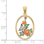 14K Enamel White Butterfly In Oval w/ Orange Flowers Charm