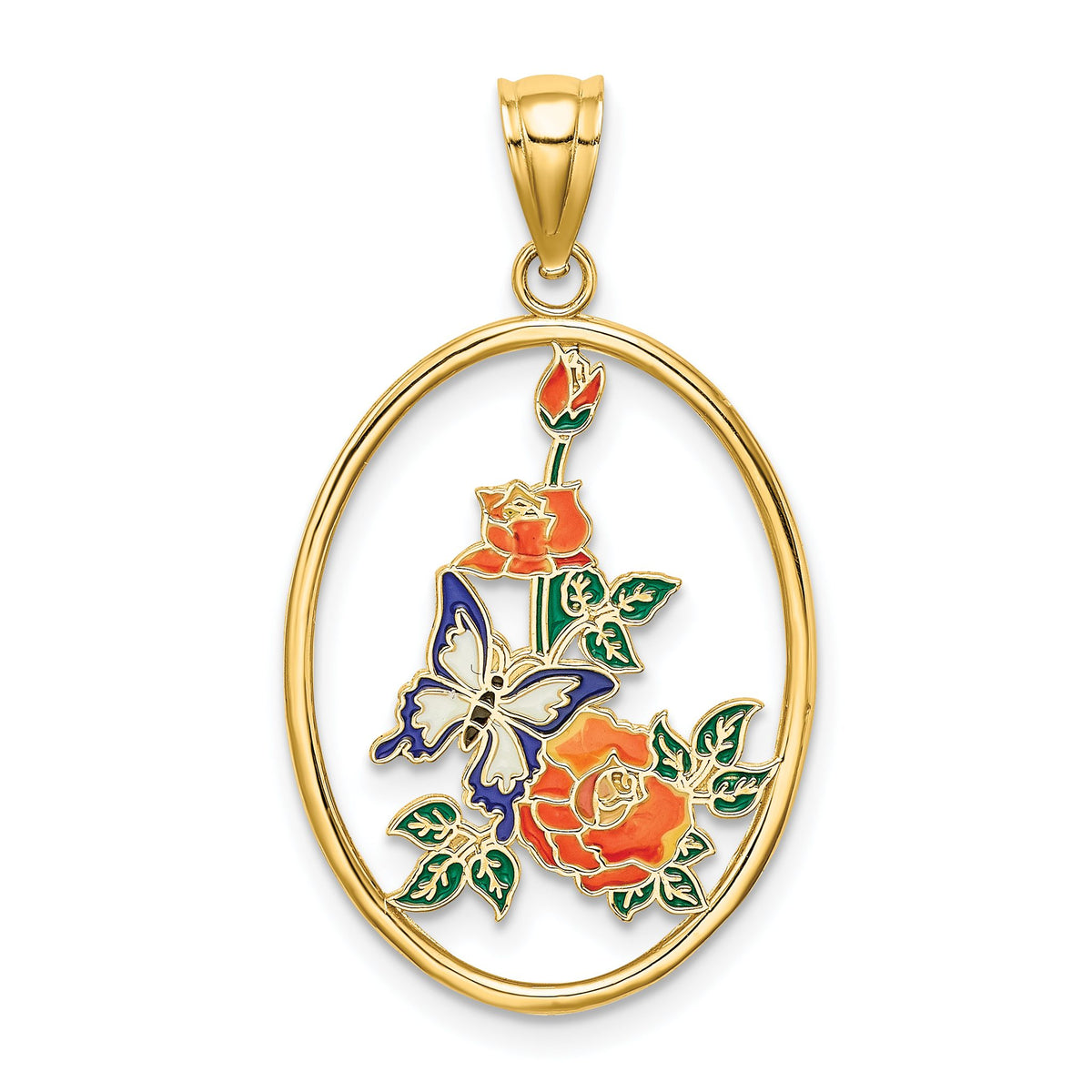Enameled Butterfly & Oval Flower Charm in 14K Yellow Gold, 31mm - Sophia Jewelers Main image