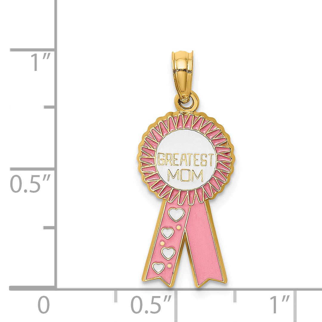 14K Enamel GREATEST MOM Pink RIBBON Charm