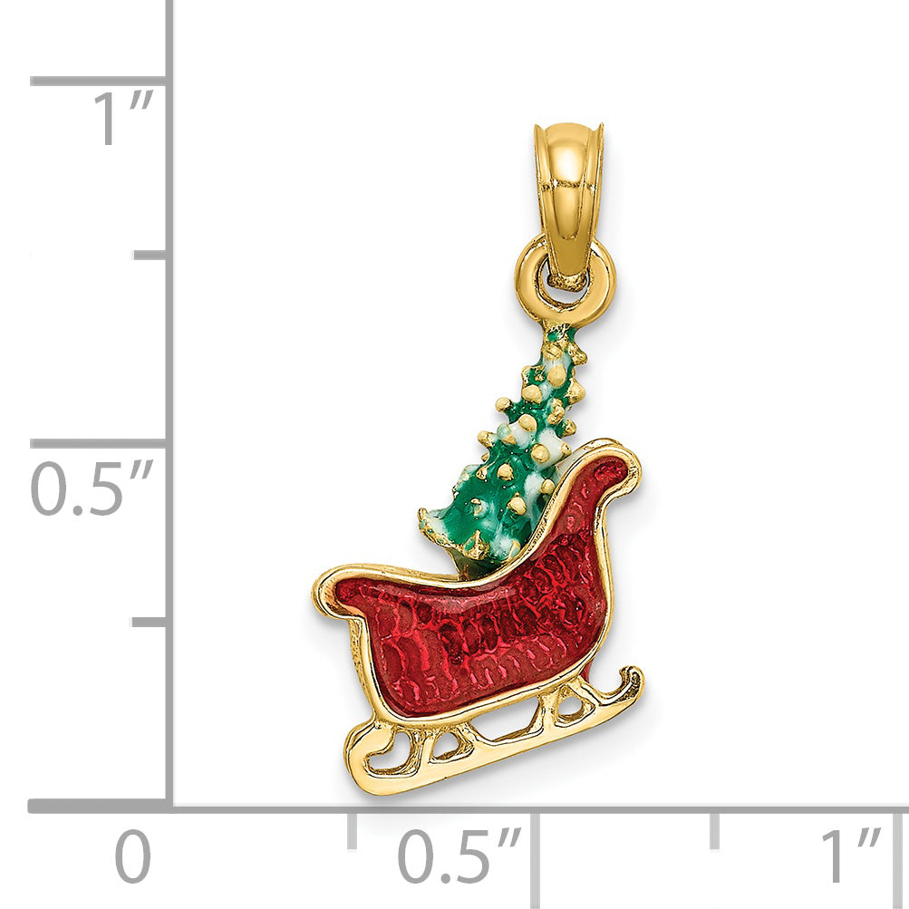 14K 3-D Enamel Sleigh w/Christmas Tree Charm